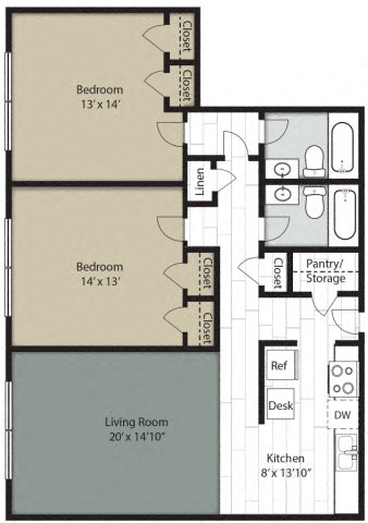 Floor plan for 2 beds, 2 baths, 1102 sqft